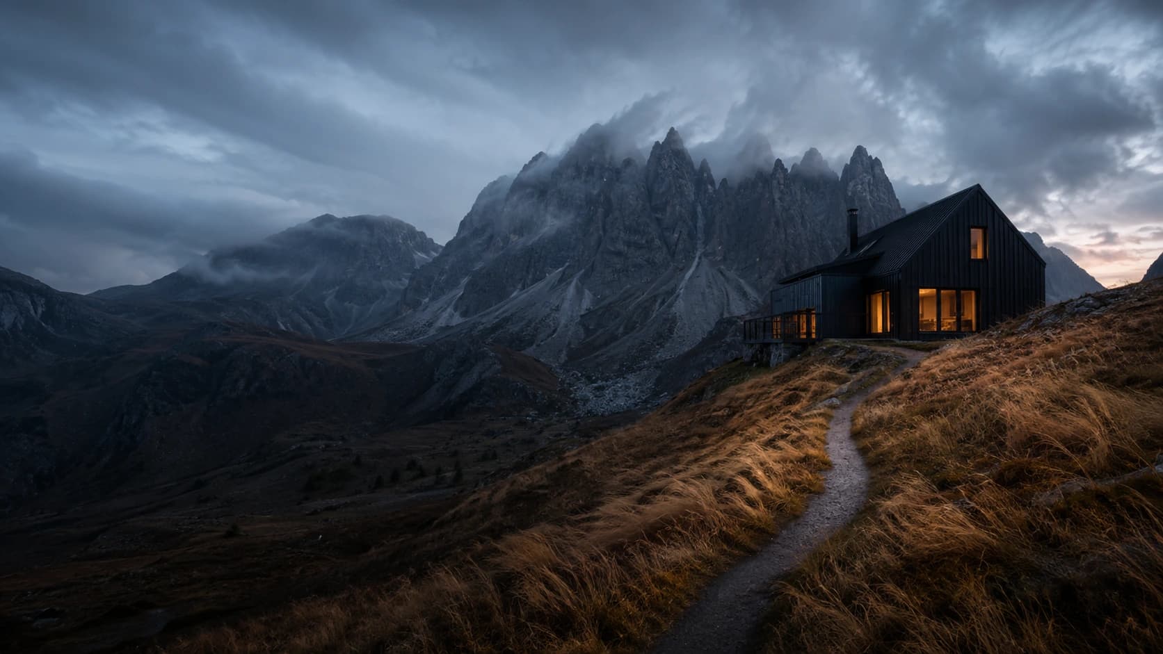 A lodge at dusk beneath the mountains